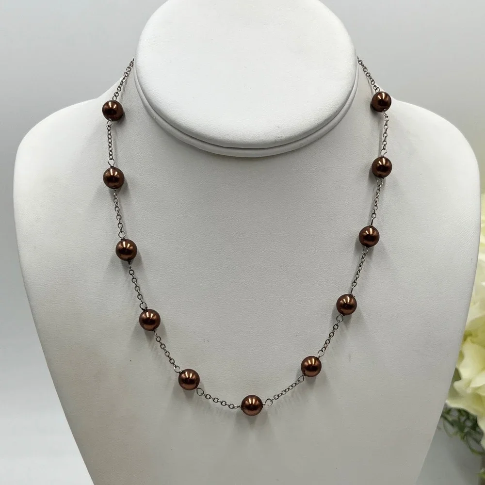 Round Chocolate Brown Freshwater Tin Cup Pearl Sterling Silver Link Necklace 16